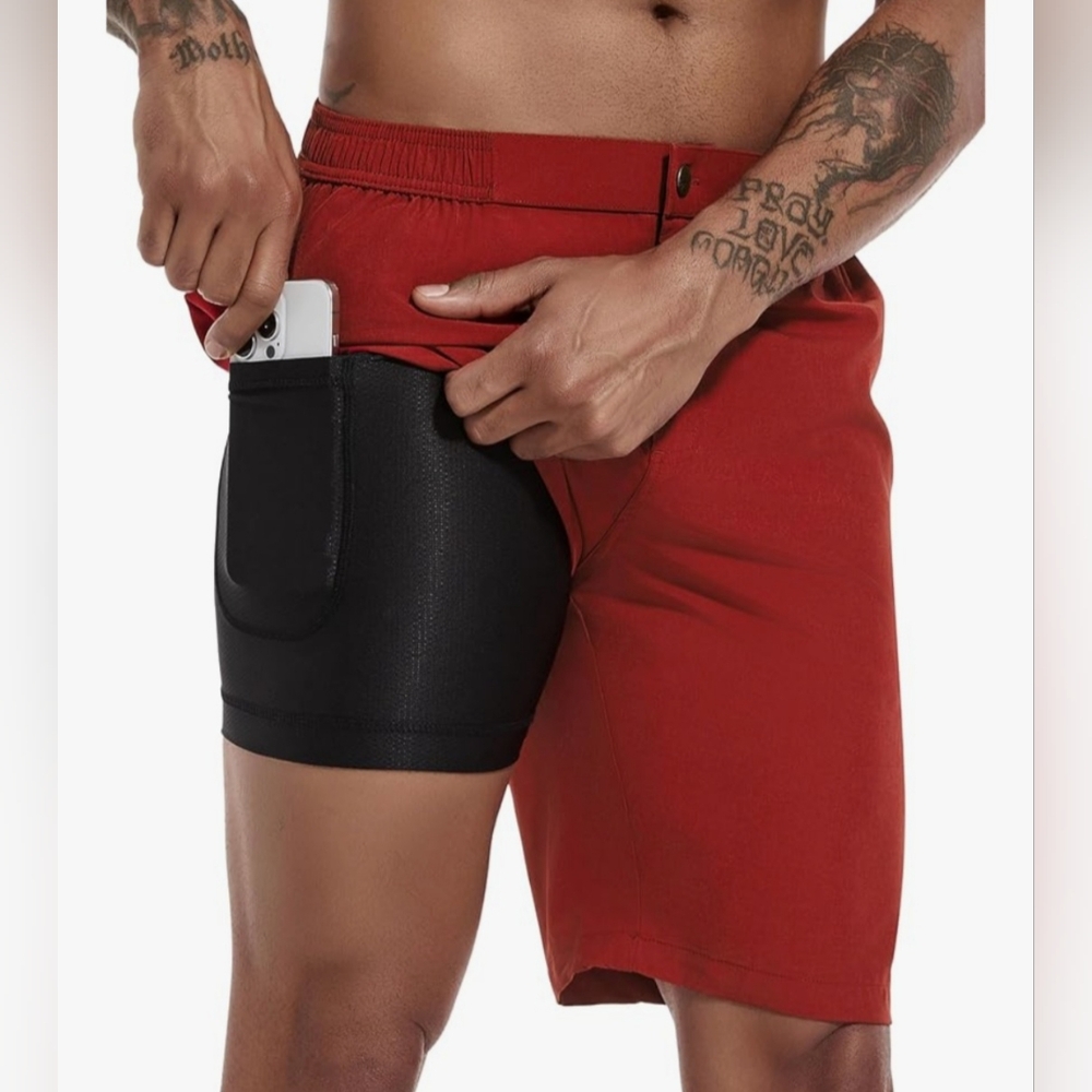 Red Swim Trunks 34 9” Inseam Compression Liner Zipper Fly Quick Dry Athletic